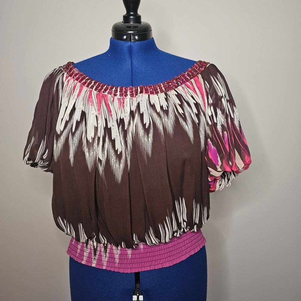 Bebe 100% Silk Embellished Peasant Blouse Top Pink Brown Ikat Print Size M